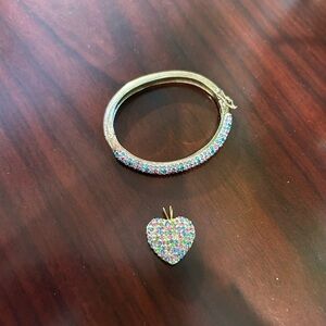 Gold Multicolor Heart Pendant and Bracelet Set